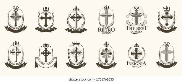 Vintage Christian crosses vector logos or emblems, heraldic design elements big set, classic style heraldry religion symbols, antique designs.