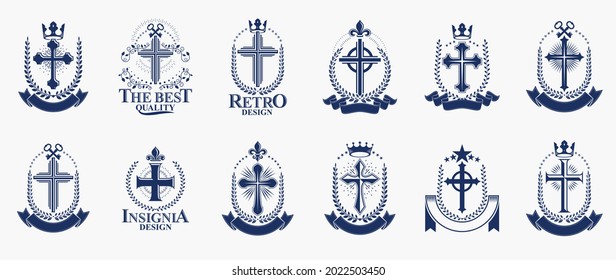 Vintage Christian crosses vector logos or emblems, heraldic design elements big set, classic style heraldry religion symbols, antique designs.