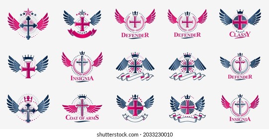 Vintage Christian crosses vector logos or emblems, heraldic design elements big set, classic style heraldry religion symbols, antique designs.