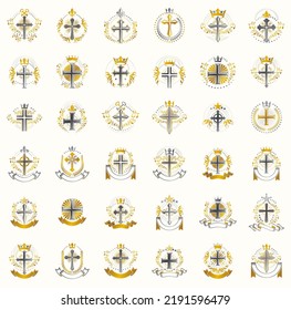 Vintage Christian crosses vector logos or emblems, heraldic design elements big set, classic style heraldry religion symbols, antique designs.