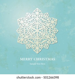 Vintage Christmas 3d background with paper cut lacy snowflake on turquoise blue. Old paper texture. Template for Christmas greeting card. Vector illustration