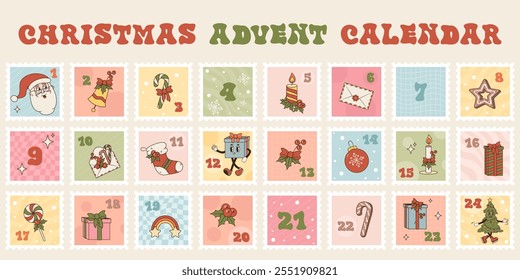 Vintage Christmas advent calendar. Groovy characters and xmas symbols with numbers. Vector Retro template