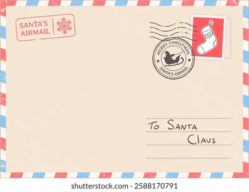 Vintage christmas airmail envelope addressed to Santa Claus featuring festive stamps, postmarks, and a nostalgic design, evoking the spirit of traditional holiday correspondence