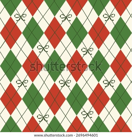 Vintage Christmas argyle seamless pattern with ribbon bow.