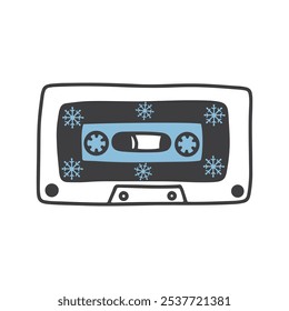 Vintage Christmas audio cassette. Doodle vector illustration on isolated white background. Retro technology. 