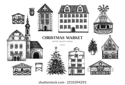 Fundo de Natal antigo. Projeto de arquitetura. Banner europeu. Ilustração de vetor desenhada à mão no mercado de Natal. Decoração de inverno. NÃO gerado AI