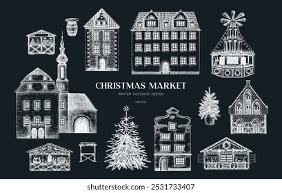 Vintage Christmas background. Architecture sketch. European fair banner on chalkboard. Christmas market hand-drawn vector illustration.NOT AI generated