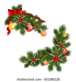 Vintage Christmas background with fir tree, holly and decorative elements. Vector illustration.