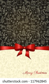 Vintage Christmas background with hand drawn seamless pattern and red ribbon