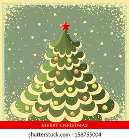 Vintage Christmas background with tree on old greeting card