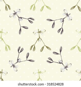 Vintage Christmas background. Vector holiday seamless pattern with ink hand drawn mistletoe. Hand sketched Christmas and New Year illustration.