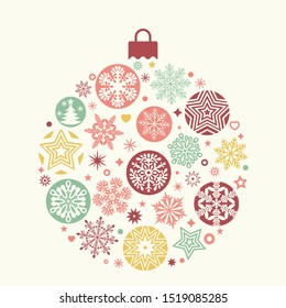 Vintage christmas ball consisting of various patterns of snowflakes and stars. Flat vector illustration isolated on white background in linear retro style. concept Xmas