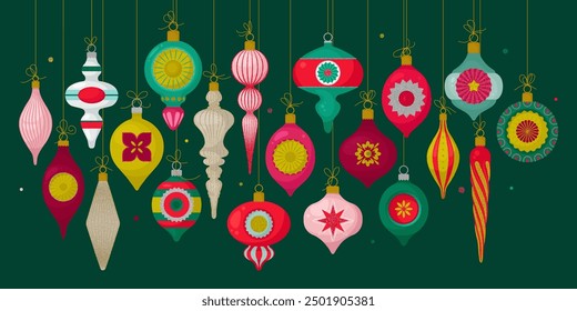 Vintage Christmas Balls big collection with glitterings.  Vector illustration in cartoon flat style