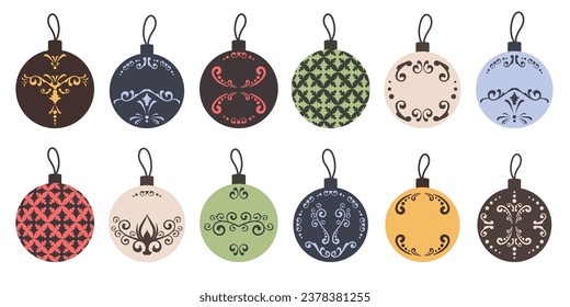 Vintage Christmas balls. Set of hand drawn christmas toys for Christmas tree. Holiday elements with luxury elegant ornament. Vector flat illustration for greeting card, print, invitations

