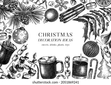 Vintage Christmas banner design. Hand-sketched holiday background with Christmas decoration, traditional sweets, and winter plants. Christmas or New Year card or invitation template. Winter frame