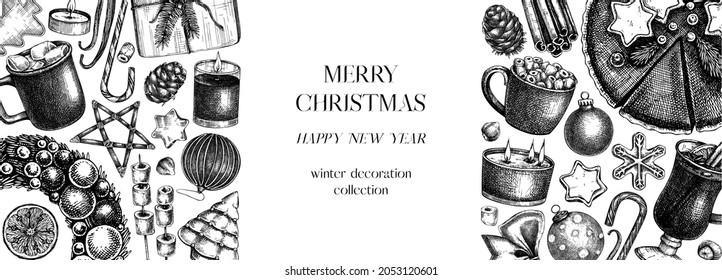 Vintage Christmas banner design. Hand-sketched holiday background with Christmas decoration, traditional sweets and winter plants. Christmas or New Year template for ads, social media, web banners.