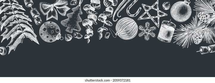 Vintage Christmas banner design on a chalkboard. Hand-sketched holiday background with Christmas decoration, traditional sweets, and winter plants for banners.