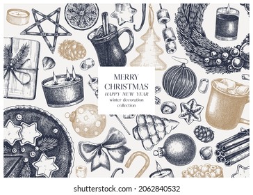 Vintage Christmas banner template. With hand-sketched traditional holidays symbols. New Year and Christmas attribute, decoration, sweer food, hot drinks. Vector winter design.