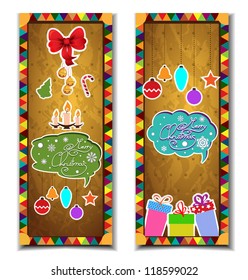 Vintage christmas banners with gift boxes, balls, christmas tree, snowflakes