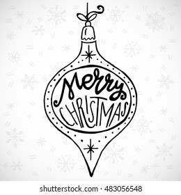 Vintage Christmas bauble with hand drawn snowflakes on white background and Merry Christmas hand lettering.  Vector design elements perfect for xmas greeting and invitation cards, flyers and poster.