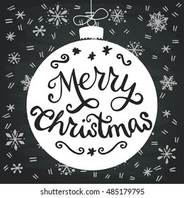 Vintage Christmas bauble with hand drawn snowflakes on the background and Merry Christmas hand lettering. Hand drawn invitation or greeting card, holiday poster or event flyer.