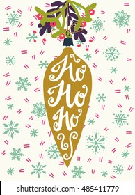 Vintage Christmas bauble with hand drawn snowflakes on the background and Ho Ho Ho! hand lettering. Hand drawn invitation or greeting card, holiday poster or event flyer.