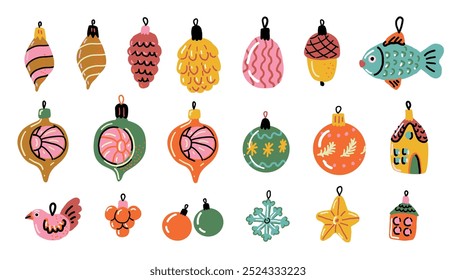 Vintage Christmas bauble. Set of retro decoration. Christmas bauble in the shape of pinecone, fish, acorn, star, bird. Naive art illustration. 