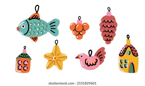 Vintage Christmas bauble. Set of retro decoration on white background. Christmas bauble in the shape of pinecone, fish, acorn, star, bird. Naive art illustration. 