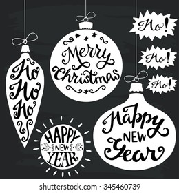 Vintage Christmas baubles with Merry Christmas, Ho Ho Ho! and Happy New Year hand lettering. Set of holiday hand drawn card elements.