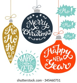 Vintage Christmas baubles with Merry Christmas, Ho Ho Ho! and Happy New Year hand lettering. Set of holiday hand drawn card elements.