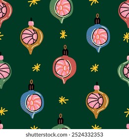 Vintage Christmas baubles. Retro ornament seamless pattern. Green background with Christmas glass.