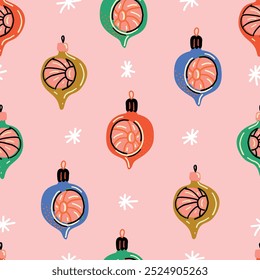 Vintage Christmas baubles. Retro ornament seamless pattern. Christmas glasses on soft pink background.