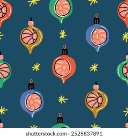 Vintage Christmas baubles. Retro ornament seamless pattern. Christmas glasses on blue background.	