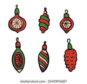 Baubles de Natal antigos. Conjunto de decoração festiva desenhada à mão. Bolha de Natal na forma de cores vermelhas e verdes. Ilustração das cores preto e branco.