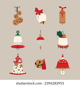 Vintage Christmas bells set vector. New year flat cartoon decoration bows. Holiday golden metal and ceramic campane collection. Winter elements illustration