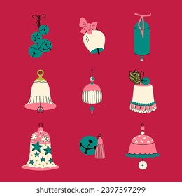 Las campanas navideñas antiguas son un vector. La decoración de dibujos animados planos de año nuevo se dobla. Colección de vidrio y metal de festividad. Ilustración de elementos de invierno