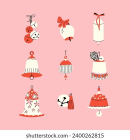 Vintage Christmas bells set vector. New year flat cartoon decoration bows. Holiday campane collection. Winter elements illustration