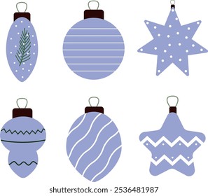 Vintage Christmas blue ornaments and decorations collection in minimalist, geometric design for holiday cards, festive invitations, seasonal decor project.