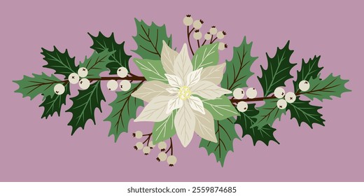 Vintage Christmas botanical composition with white poinsettia, holly. Hand drawn vector illustration for design holiday decor, decoration new year, greeting card, winter weddding design decoration