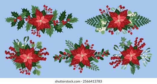 Vintage Christmas bouquets collection. Winter plants compositions. Hand drawn vector illustration for design holiday decor, decoration new year, greeting card. Decorative festive floral arrangement