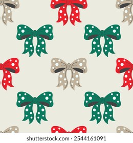 Vintage Christmas Bows Seamless Pattern. Retro Decorative Tied Knots and Ribbons with polka dot. Holiday festive background wrapping paper fabric ornament. Repeat vector illustration