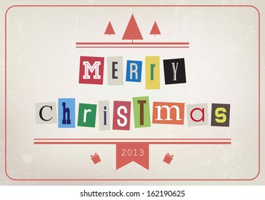 Vintage Christmas card background made with newspaper letters - "Merry Christmas", vector illustration.