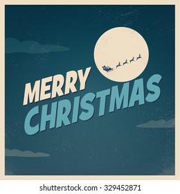 Vintage christmas card background vector template. Retro grunge texture and santa flying. Eps10 vector illustration.