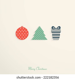 Vintage christmas card with christmas ball, tree, gift. 