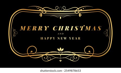 Vintage Christmas Card or Banner template with gold frame on black background. Vector line illustration