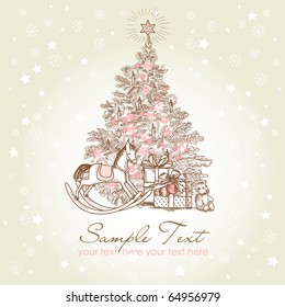 Vintage Christmas Card . Beautiful Christmas tree illustration