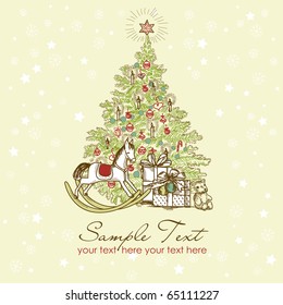 Vintage Christmas Card . Beautiful Christmas tree illustration