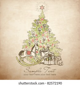 Vintage Christmas Card   Beautiful Christmas tree illustration