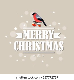 Vintage Christmas Card With Bullfinch With Gradient Mesh, Vector Illustration