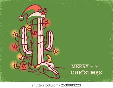 Vintage Christmas card with cactus wrapped in glowing lights and topped with a Santa hat. Country cowboy Christmas themes this design includes a decorative bull skull and holiday lights